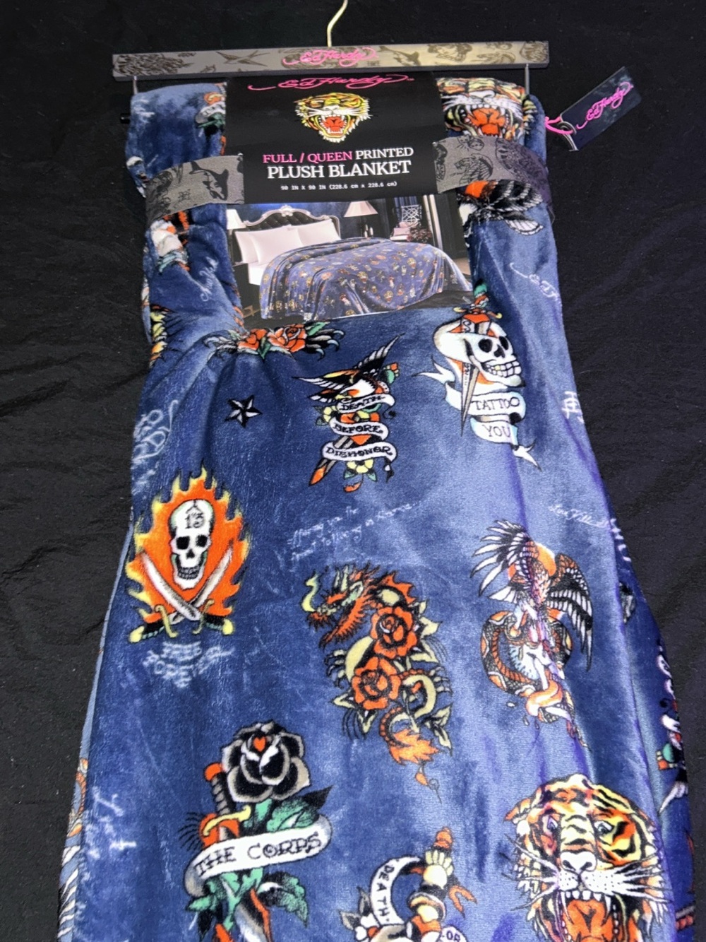 Ed Hardy Navy Blue Tattoo-Print Plush Blanket Costume